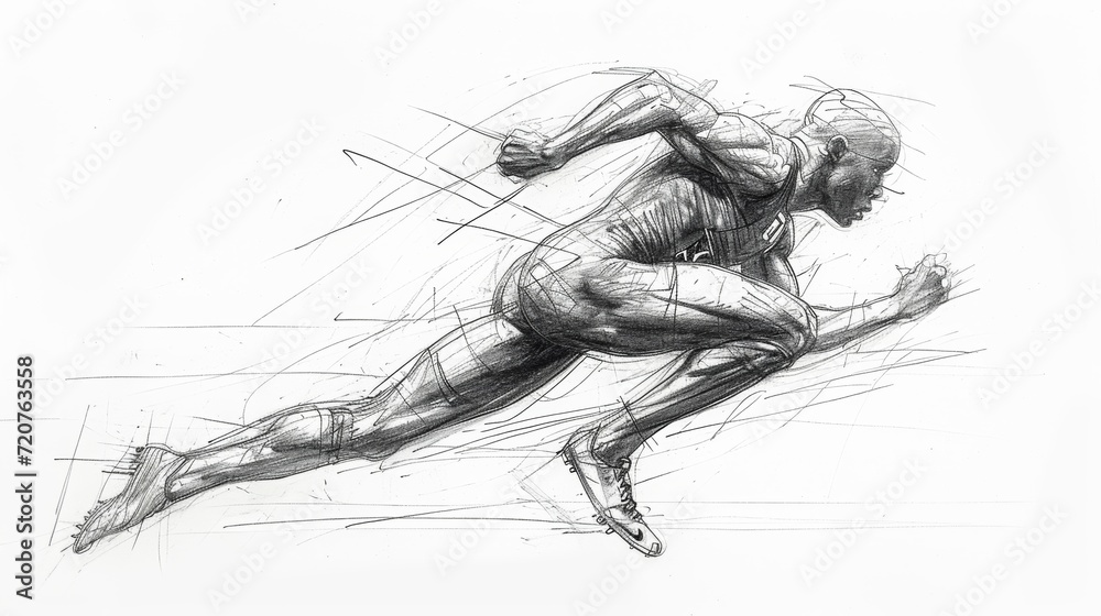 Pencil drawing of an athlete mid-race, the essence of speed and competition etched into every line. Pencil drawing of an athlete mid-race, the essence of speed and competition etched into every line.