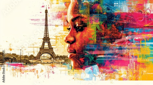 Colorful abstract face with a Paris backdrop, Eiffel Tower in view, embodying the city's diverse cultural fabric.