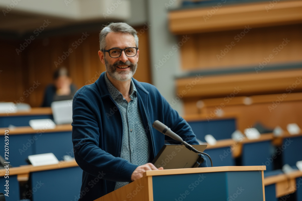 A male university professor in a lecture hall, standing at the lectern and engaging with the camera, 