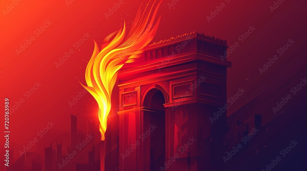 Evocative image of a flame merging with an arch, in a monochromatic red theme, symbolizing a beacon of hope and guidance.