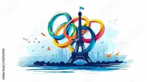 A creative interpretation of the Olympic rings with the Eiffel Tower, representing the spirit of the Summer Olympic Games.