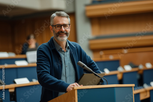 A male university professor in a lecture hall, standing at the lectern and engaging with the camera, 