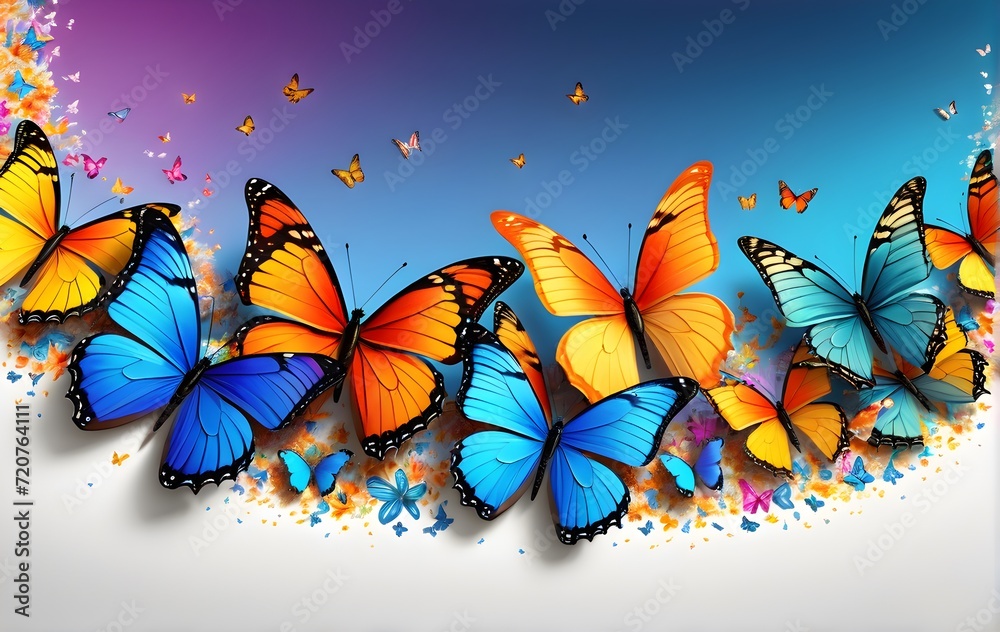 Colorful butterflies on white and blue background with a place for a text. Template, banner, wallpaper, poster, background, greeting card