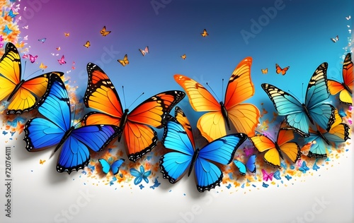 Colorful butterflies on white and blue background with a place for a text. Template, banner, wallpaper, poster, background, greeting card