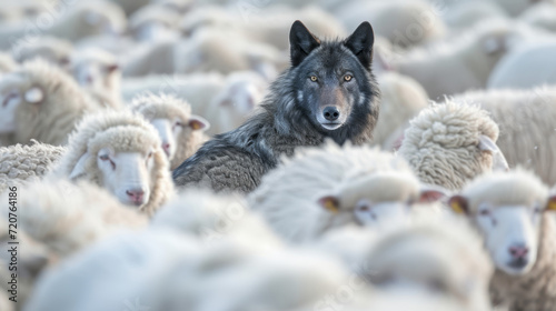 a dark grey wolf in a flock of white sheeps with clean background