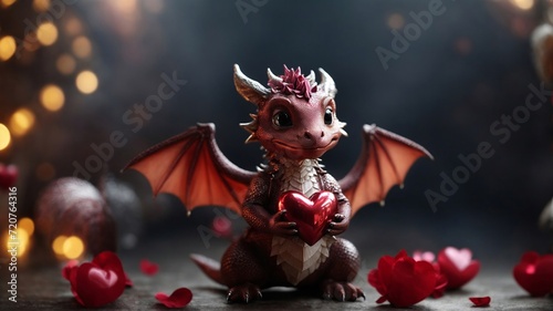A small, cute dragon holding a heart in her hands. congratulations on valentine's day. Valentines Day love. Generative AI