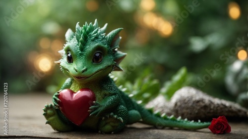 A small, cute green dragon holding a heart in her hands. congratulations on valentine's day. Valentines Day love. Generative AI © Sanita