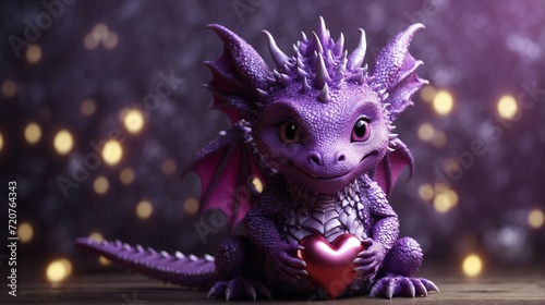 A small  cute dragon holding a heart in her hands. congratulations on valentine s day. Valentines Day love. Generative AI