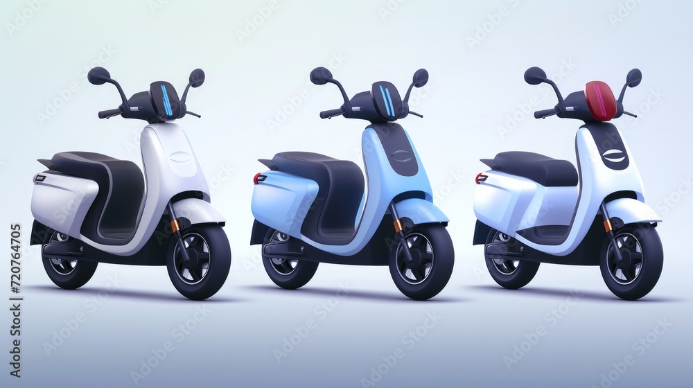 3D scooters from different angles. Three dimensional image of modern personal vehicle. Without environmental pollution. Color vector image for creating original design
