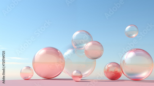 Whimsical 3D Render of Reflective Spheres in Blue Skies