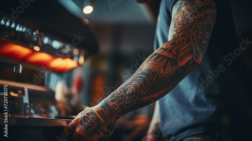 Barista's Tattooed Arms in Coffee Shop Ambiance