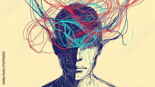 complicated abstract mind illustration. empty head with messy line inside. tangled scribble doodle vector path design photo