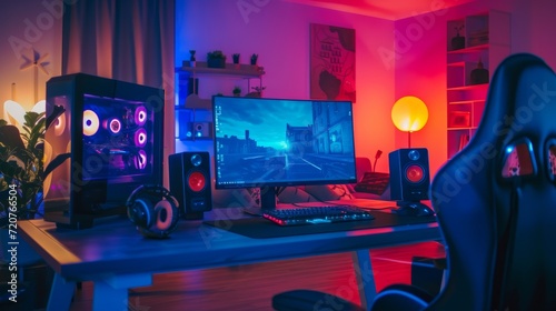 Computer Gaming PC on video gaming desk in dark room with neon light. Futuristic modern workplace of internet blogger, streamer or computer gamer. Monitor, transparent computer, chair, ring light