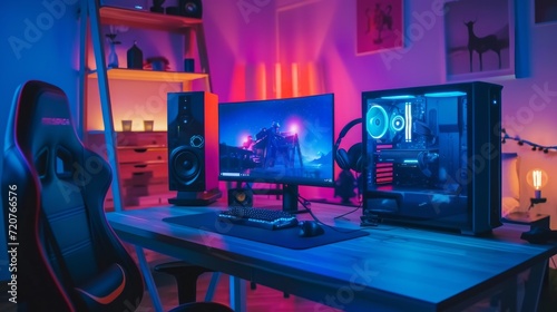 Computer Gaming PC on video gaming desk in dark room with neon light. Futuristic modern workplace of internet blogger, streamer or computer gamer. Monitor, transparent computer, chair, ring light photo