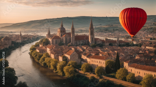 colorful hot air balloon flying over a medieval city with towers and churches at sunset - ai generative image