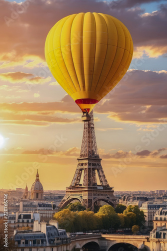 colorful hot air balloon flying over a medieval city with towers and churches at sunset - ai generative image