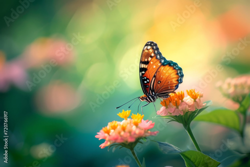Macro shot of a butterfly on a flower, blurred greenery.