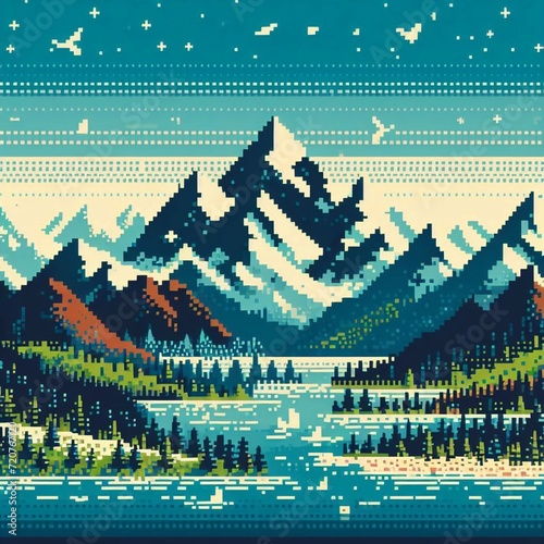 pixel art mountain forest cartoon background photo