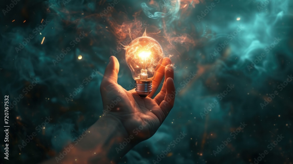 Obraz Digital collage, Hand reaching to glowing light bulb. Ideas, power, and energy concept