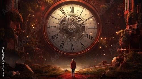 A tiny man stands near a red  magical  mysterious large clock. past and future. concept of wasting time.