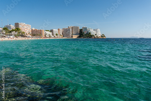 view of Magaluf bay and beach, with turquoise water in foreground