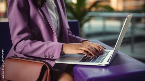 Wallpaper Mural a woman in a violet, lilac suit is typing on a laptop at the airport. businessman in the terminal with luggage. work online Torontodigital.ca