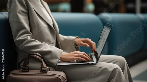 a woman in a grey suit is typing on a laptop at the airport. businessman in the terminal with luggage. work online