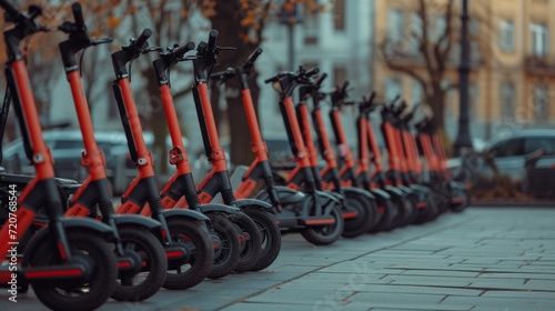 Electric scooters are parked in the city center. Public mobile transport stand outside