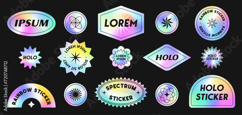 Vector set of holographic stickers and patches.Modern iridescent labels with copy space for text.Trendy cosmic emblems for banners,social media marketing,branding,packaging,offers