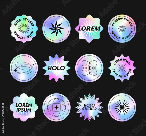 Vector set of holographic stickers.Modern iridescent foil labels in y2k aesthetic with copy space for text.Trendy cosmic emblems for banners,social media marketing,branding,packaging,offers