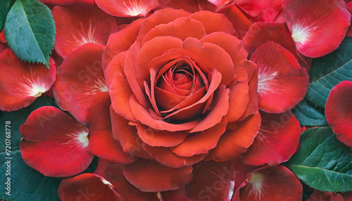 Beautiful red rose surrounded by rose petals and leaves  close-up Valentine s Day flower  occasional bouquet