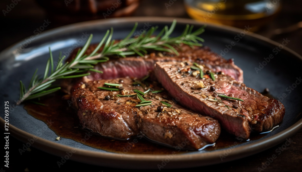 Grilled steak, juicy and tender, on rustic wooden plate generated by AI Grilled steak, juicy and tender, on rustic wooden plate generated by AI