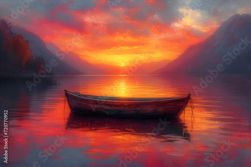 A tranquil lake with a drifting boat, bathed in vibrant hues of a stunning sunset. Created with generative AI.