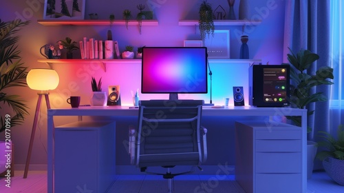 Modern Work desk with colored led light - Smart home. 3D render photo