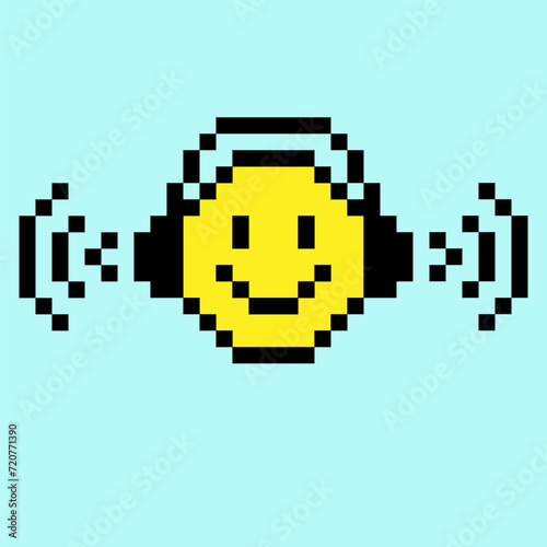 Pixelated retro emoji smile. Head in headphones with musical waves.