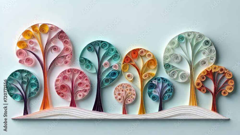 Quilling colorful 3D paper trees on blue pastel background with copy space for design and interior art decor. AI generated.
