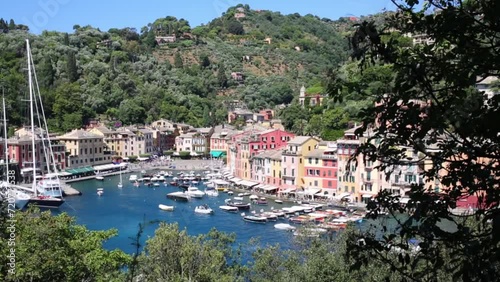 View from the hill to the harbor in Portofino, Italy photo