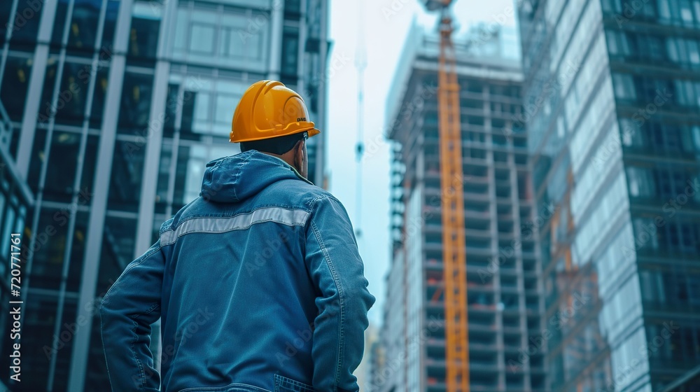 Male builder in a yellow helmet and blue work jacket stands against the backdrop of skyscraper construction. Created AI Male builder in a yellow helmet and blue work jacket stands against the backdrop of skyscraper construction. Created AI