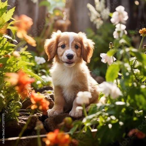 A lovely puppy plays in a garden