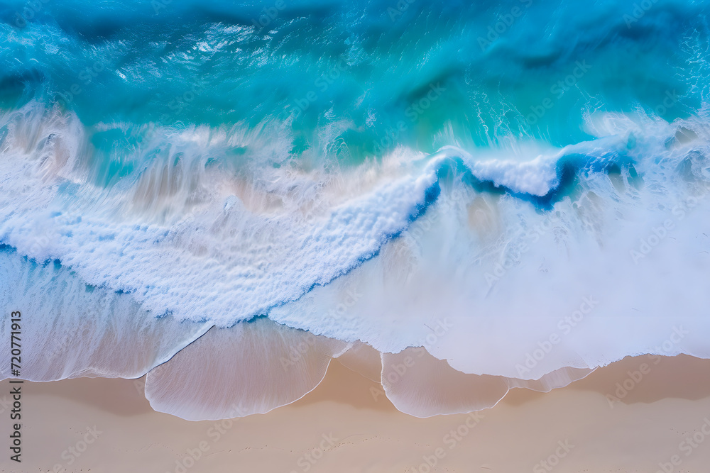 Aerial view of the beautiful bright sea with waves splashing and beach sand. Bright Blue Crystal Clear Water and White Sandy beach. Summer and travel vacation. Aerial drone landscape. Generative Ai Aerial view of the beautiful bright sea with waves splashing and beach sand. Bright Blue Crystal Clear Water and White Sandy beach. Summer and travel vacation. Aerial drone landscape. Generative Ai