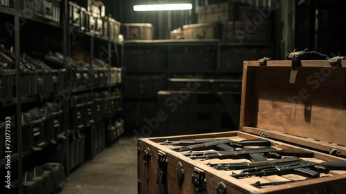 Weapon in wooden box in military warehouse, modern guns inside dark storage. Illegal smuggle arsenal of firearm. Concept of war, industry, store, package, violence and crime photo
