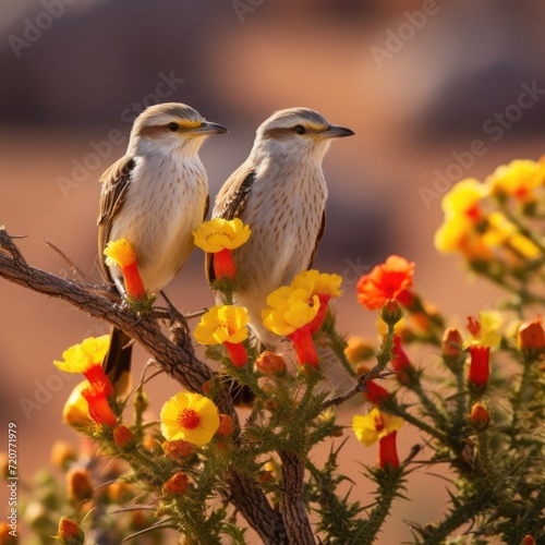 A male and female Red-billed Shrike, Ficedula zanthopygia with yellow flowers in the background
