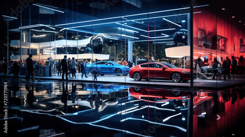 Luxury new cars inside store at night, modern shiny vehicles view through window of dealership on city street. Urban reflections and neon lights background. Concept of sport, design.