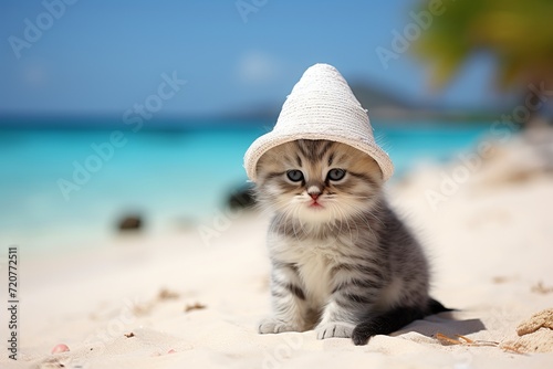 Adorable little kitten wearing a hilarious hat and playing by the serene seashore