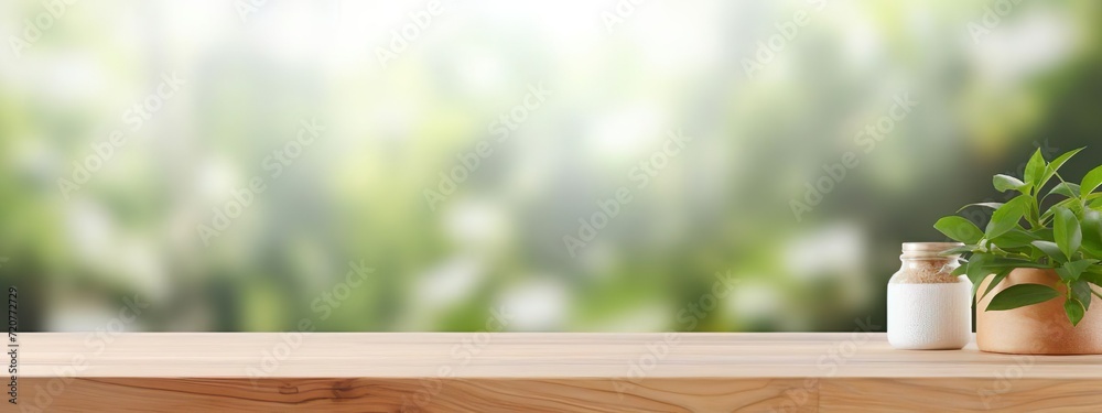 Wooden podium on blur nature bckground. Table wood on nature background. AI generate