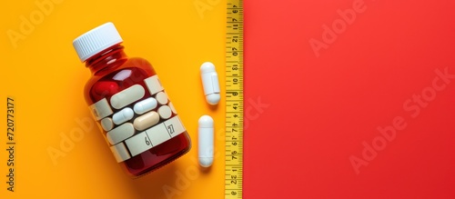 weight loss pills and bottles with stomach circumference measurements