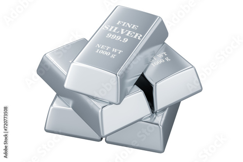 Silver ingots. 3D rendering isolated on transparent background photo