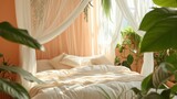 An ethereal bed canopy in white sheer fabric, surrounded by walls of soft peach color in a room filled with plants