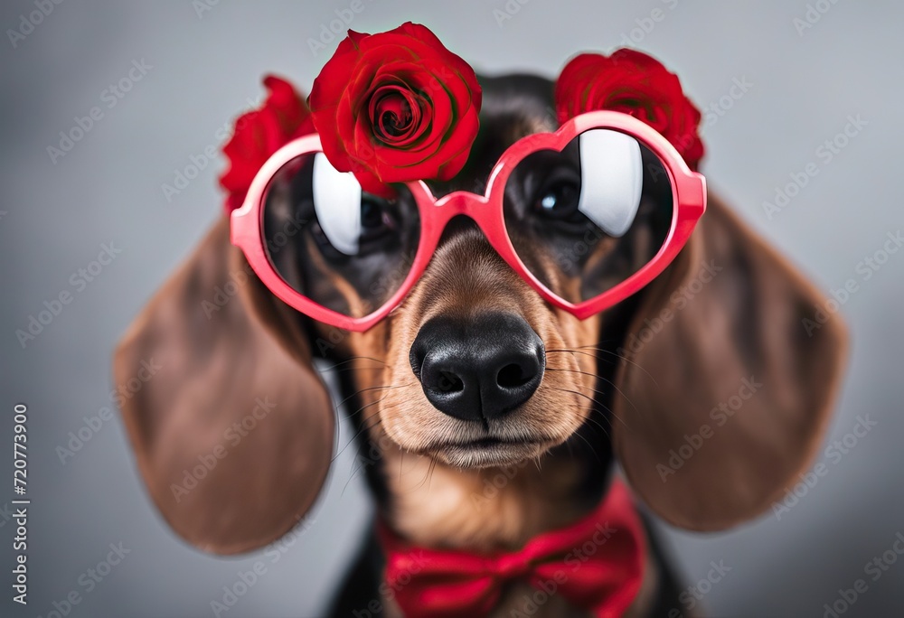  glasses heart shaped rose red dachshund puppy holding wearing