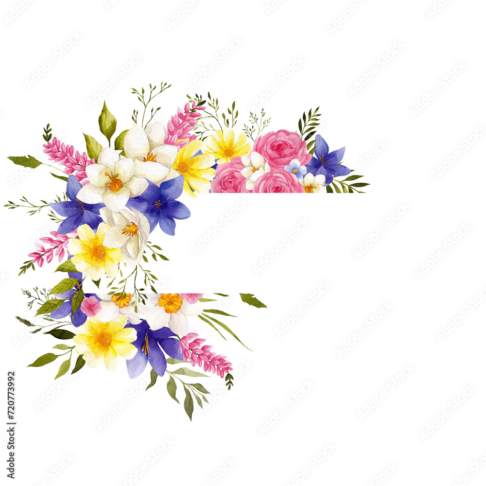 Watercolor hand draw frame with spring flowers, herbs, grass, isolated on transparent background, PNG files. 